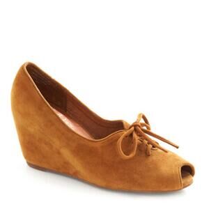 Jeffrey Campbell Havana Last Women 8 Tan Suede Peep Toe Lace-Up Wedge Heels Rare